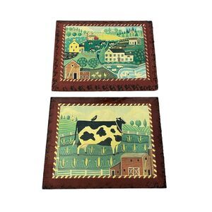 Wendy Presseisen Signed Art Painting Wood Panel Farmhouse Folk Cow Farm 2pcs